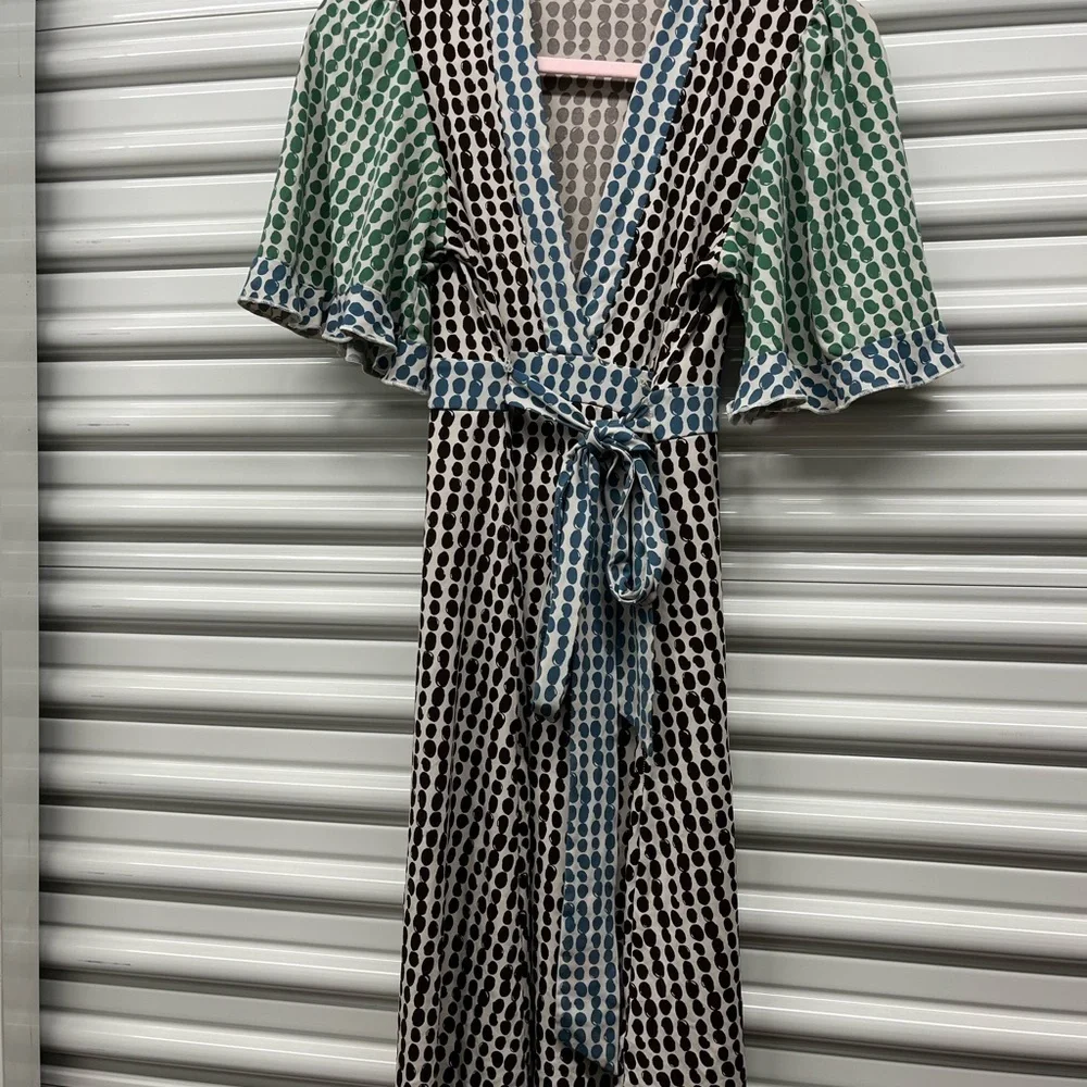 BCBGMaxAzria Brown and Blue Wrap Midi Dress - Picture 4 of 8